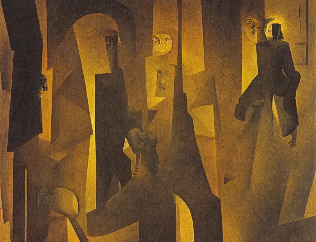 Prompt: a multiracial greek god following a watchful light through the streets of a city, high angle, sparse detail, by remedios varo, picasso and moebius