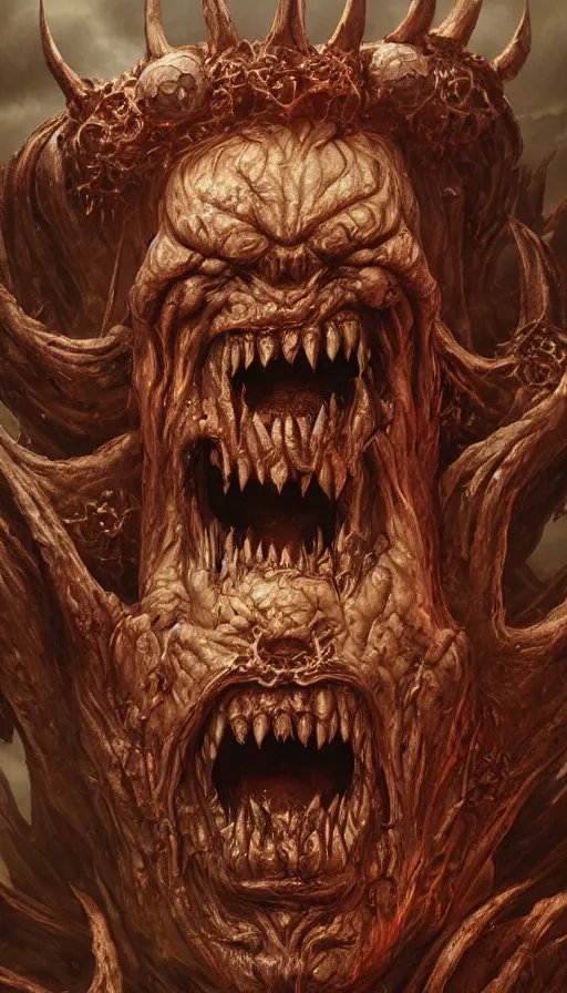 Prompt: Elden Ring and Doom themed painting of screaming majestic demon king, intricate artwork by Artgerm, Johnatan Wayshak, Zdizslaw Beksinski, Darius Zawadzki, H.R. Giger, Takato Yamamoto, masterpiece, very coherent artwork, cinematic, high detail, octane render, unreal engine, 8k, High contrast, golden ratio, trending on cgsociety, ultra high quality model, production quality cinema model