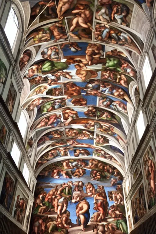 Prompt: sistine chapel, detailed, by michelangelo
