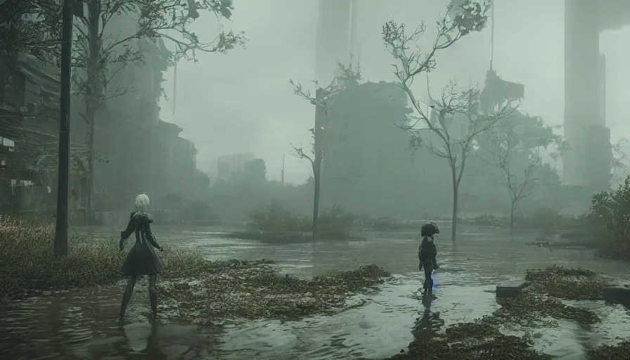 Image similar to nier automata yorha type 2 b walking in post apocalyptic flooded city, rainy melancholy day, dense vegetation, unreal engine, cryengine, epic engine, volumetric lighting, ray tracing, rtx on, exposure, god rays, overcast, ambient lighting, blooming flowers, 3 d render, cinematic, subtle dof