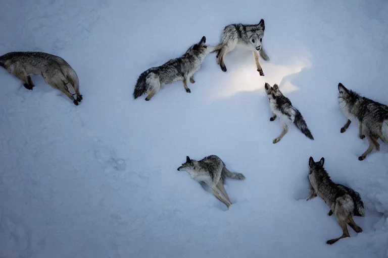 Prompt: taking from above, snow - covered beach, and lots of wolves there. high detail, photorealistic, good lighting, unbelievable.