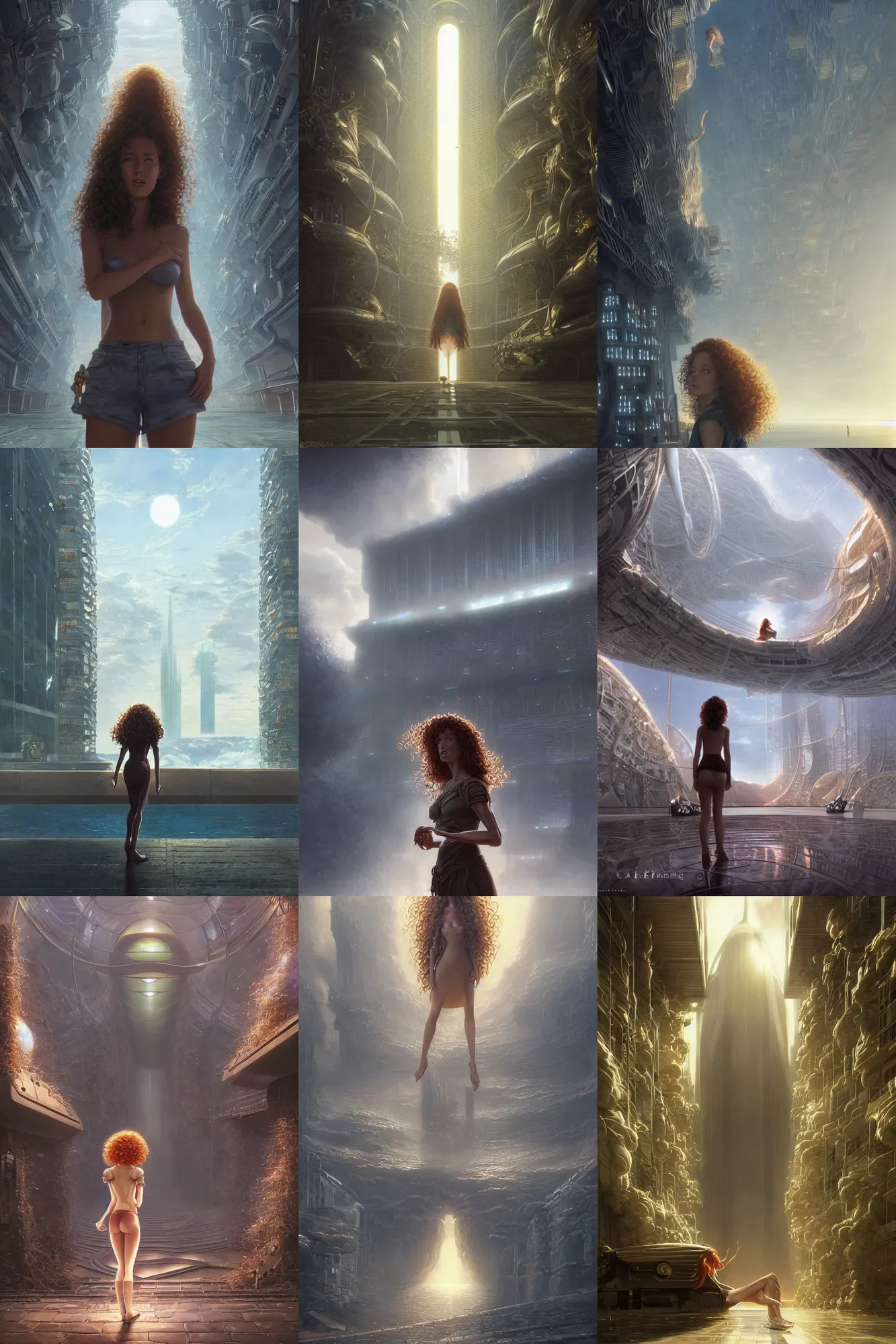Prompt: a curly - haired kate bekinsale begging to get into a futuristic building by david a hardy, noriyoshi ohrai, gary ruddell, ( greg rutkowski ), salvador dali, moebius, makoto shinkai, highly detailed, cinematic composition, trending on artstation