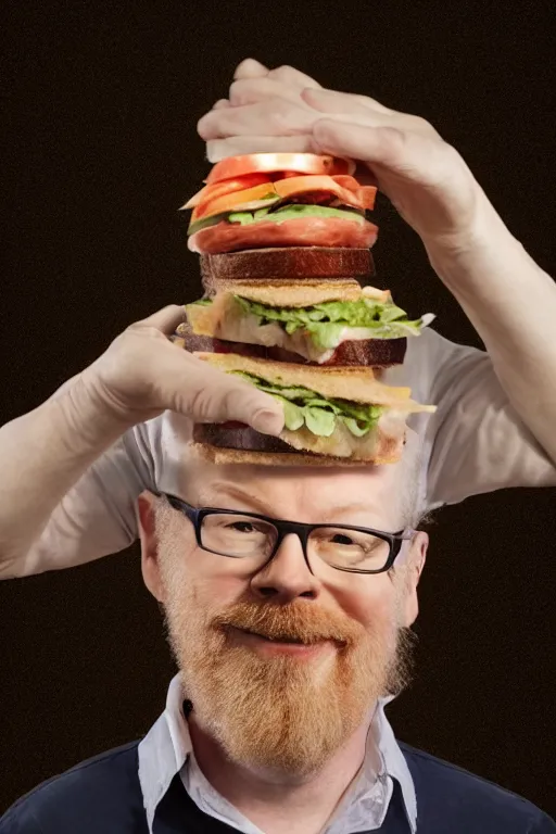 Prompt: 📷 portrait of adam savage is a sandwich, food head, still image, dynamic lighting, 4 k