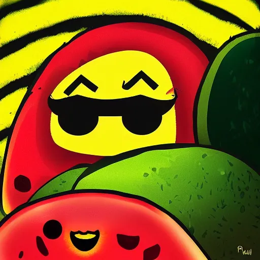 Prompt: personified Angry Emoji looking at the sunset as watermelon rains from the sky, digital art