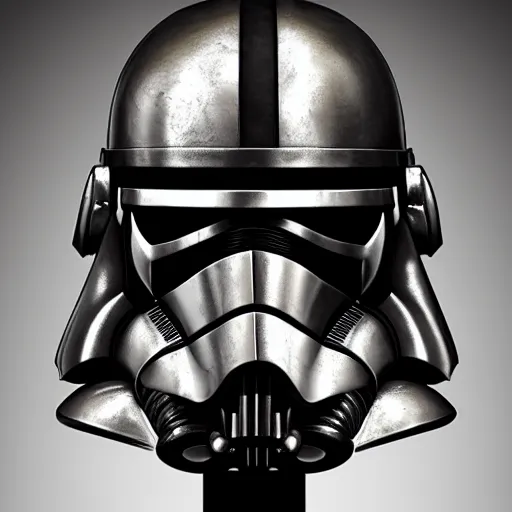 Prompt: bust portrait of a knight, high detail, silver, steel, helmet, ornate decoration, gold trim, storm trooper, tubes, pipes, valves, clock work, diffused lighting, runic etching, mandalorian, darth revan, star wars, octane, unreal 5