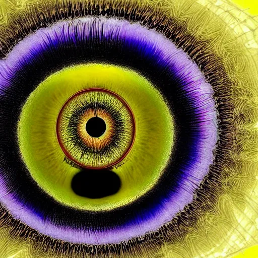 Image similar to A beautiful mixed mediart a large eye that is looking directly at the viewer. The eye is composed of a myriad of colors and patterns, and it is surrounded by smaller eyes. The smaller eyes appear to be in a state of hypnosis, and they are looking in different directions. astrophotography, bright yellow by Peter Kemp, by John Butler Yeats dismal