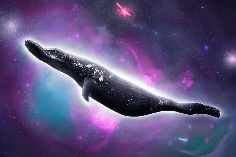 Image similar to a starpunk humpback whale swimming through the cosmos, digital art, photorealistic