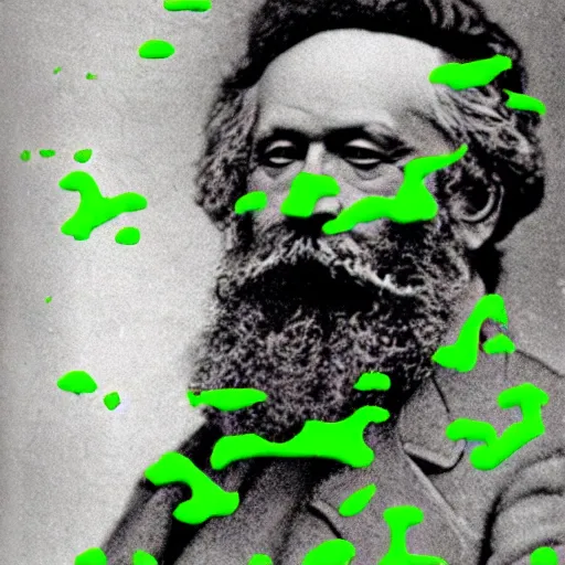 Image similar to Karl Marx, almost completely covered in green slime!!, ((at the Kid Choice Awards)) , professional photography, colorized