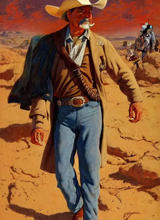 Prompt: old west cowboy. portrait by jean giraud and anton otto fischer and john philip falter and will eisner and gil elvgren