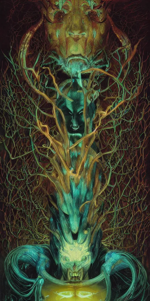 Image similar to intense snarling screaming glowing pagan god with ram horns and veins and intense glowing eyes in very dark forest by karol bak and beksinski and alphonse mucha, portrait, fantasy, clear, light beams, lens flare, intense, uhd, red and teal and shining polished gold, amazing depth, cinematic lighting