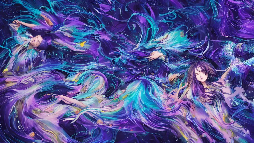 Prompt: detailed and realistic illustration of two presons dancing together, around them a swirl of colors and spirits of fantastic animals surrounding them in a glow, dark blue and intense purple color palette, art by kuvshinov ilya and kojima ayami and amano yoshitaka, 4 k