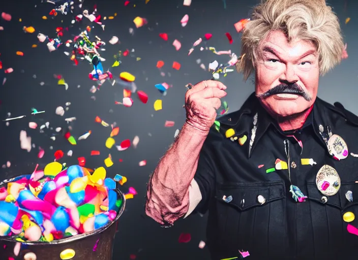 Prompt: photo still of rip taylor at a drug bust!!!!!!!! at age 5 4 years old 5 4 years of age!!!!!!! throwing confetti from a bucket, 8 k, 8 5 mm f 1. 8, studio lighting, rim light, right side key light
