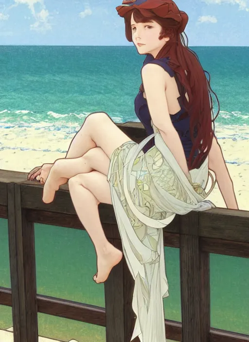 Prompt: pretty young woman leaning against the railing at the beach, path traced, highly detailed, high quality, digital painting, by studio ghibli and alphonse mucha, leesha hannigan, makoto shinkai, disney