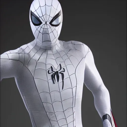 Image similar to white spider - man suit with black web lining, cinematic, volumetric lighting, realistic, hyperdetailed, photorealistic, photograph