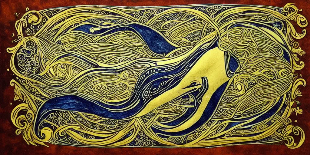 Image similar to whale, tarot style, art nouveau, gold filigree, painted, high detail,