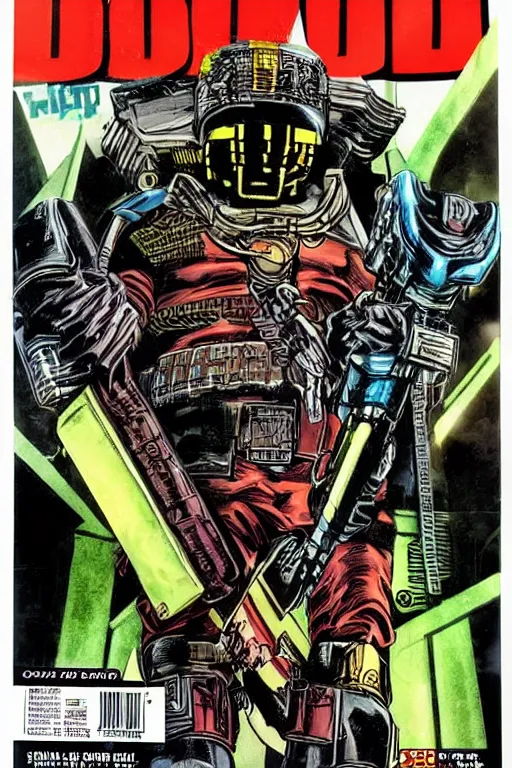 Prompt: 2000ad comic book cover, Judge Dredd, megacity one