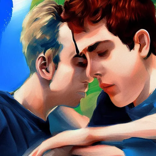 Image similar to call me by your name digital art, two boys in italy