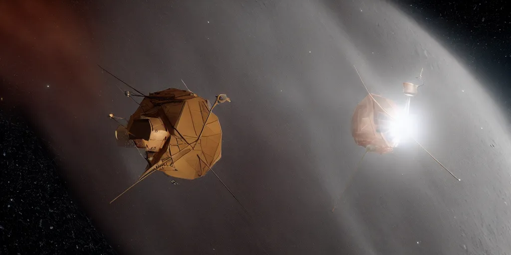 Image similar to close up of a solar sail probe entering a solar system carrying a dead alien. The probe is from an isolated star in a thick dust cloud, highly detailed, desolate, cinematic, UE5, 8K, 4K