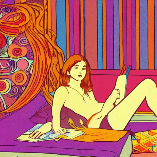 Prompt: rocker teen girl laying on the floor, writing on Journal. 1970s colorful psychedelic bedroom. Trippy. Moscoso. Mucha.