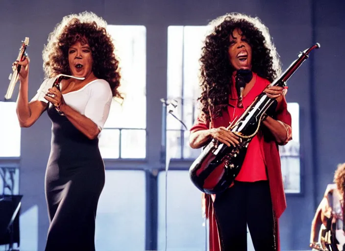 Image similar to film still of Kenny G and Oprah performing in the new Spinaltap movie, 4k