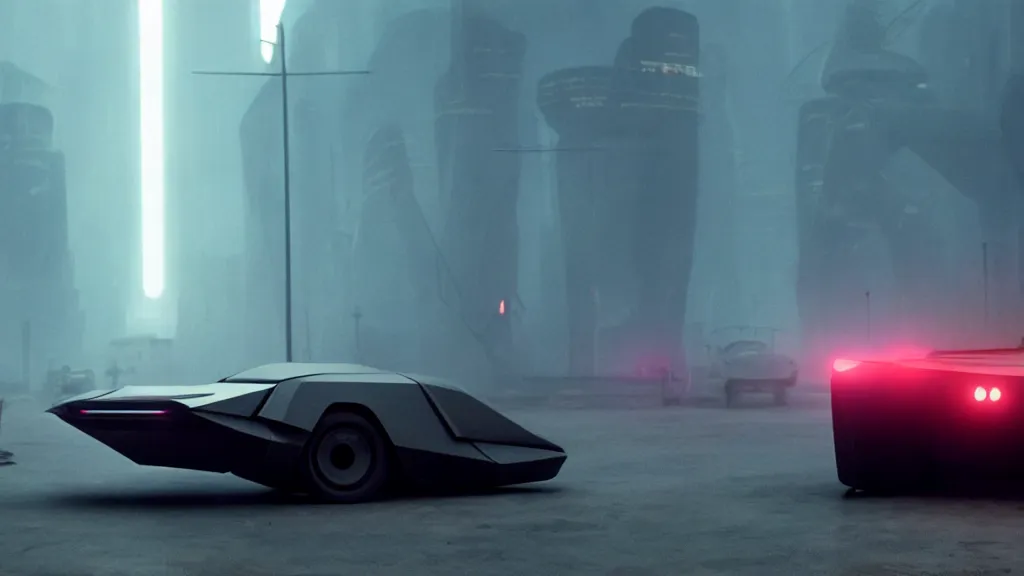 Image similar to A futuristic police car from Blade Runner 2049, film still from the movie directed by Denis Villeneuve with art direction by Salvador Dalí, wide lens