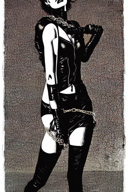 Image similar to dreamy rock girl with beautiful body, black leather and chains, detailed acrylic, heavy metal, intricate complexity, by dan mumford and by alberto giacometti, peter lindbergh, malevich, william stout