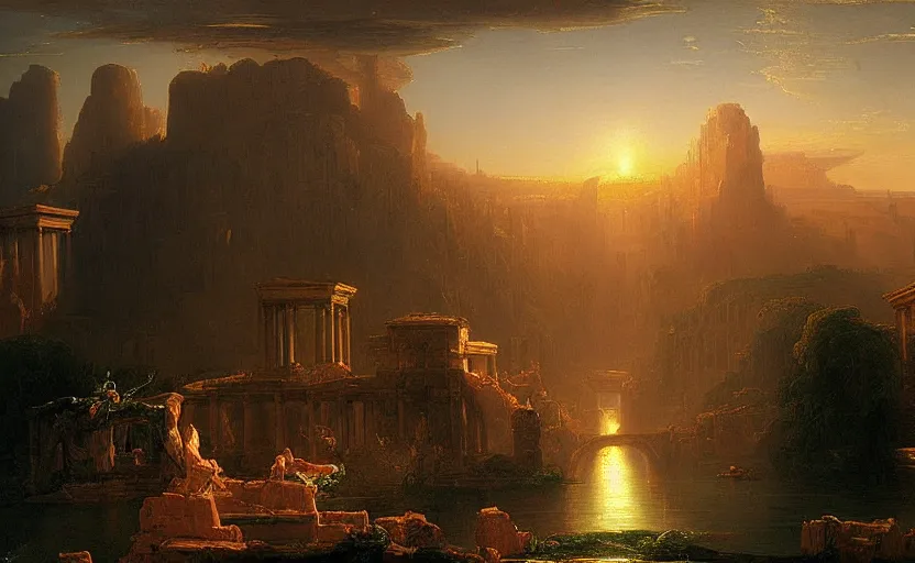 Image similar to a city of light under the ancient runs by thomas cole