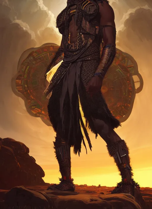 Prompt: highly detailed digital painting of afrofuturistic wakandan scientist biocircuitry voodoo priest, masculine and sinister, artstation, concept art, matte, sharp focus, illustration, dramatic, cinematic sunset, hearthstone, art by artgerm and greg rutkowski and alphonse mucha