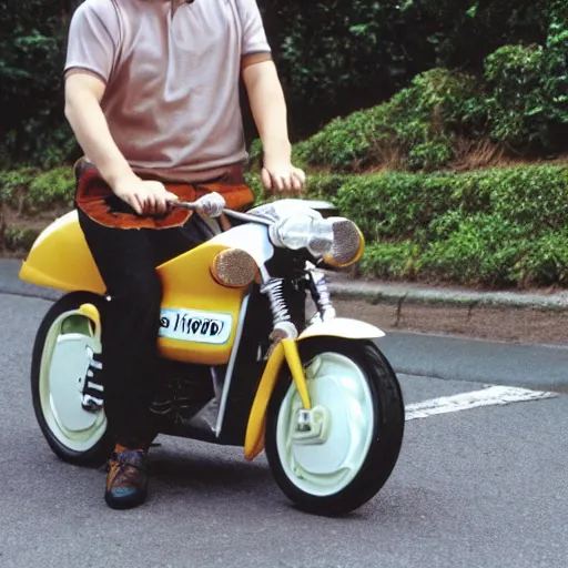 Image similar to Corgi riding a 90s Japanese motorcycle in style of Hiroshi Nagai