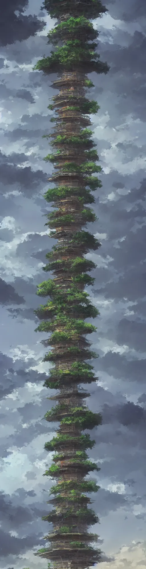 Prompt: one extremely tall pagoda with a path surrounded by mountains, stormy weather. Makoto Shinkai, anime, trending on ArtStation, digital art.