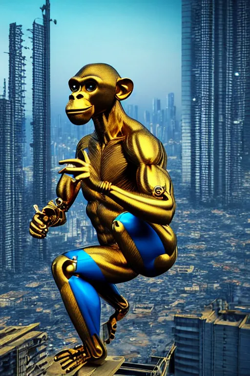 Prompt: high quality 3 d render ultra realistic mischievous cyborg muscular man monkey blue hybrid sitting, gold madhubani, highly detailed, cyberpunk!! mumbai in the background, unreal engine cinematic smooth, szukalski, moody light, low angle, uhd 8 k, sharp focus