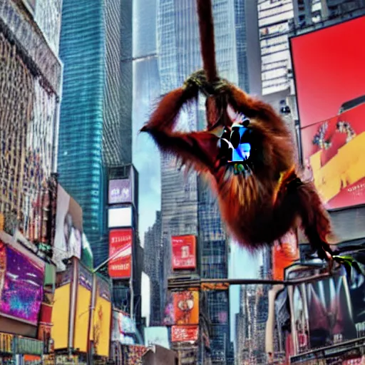 Prompt: a picture of a orangutan swinging in nyc times square, photorealistic