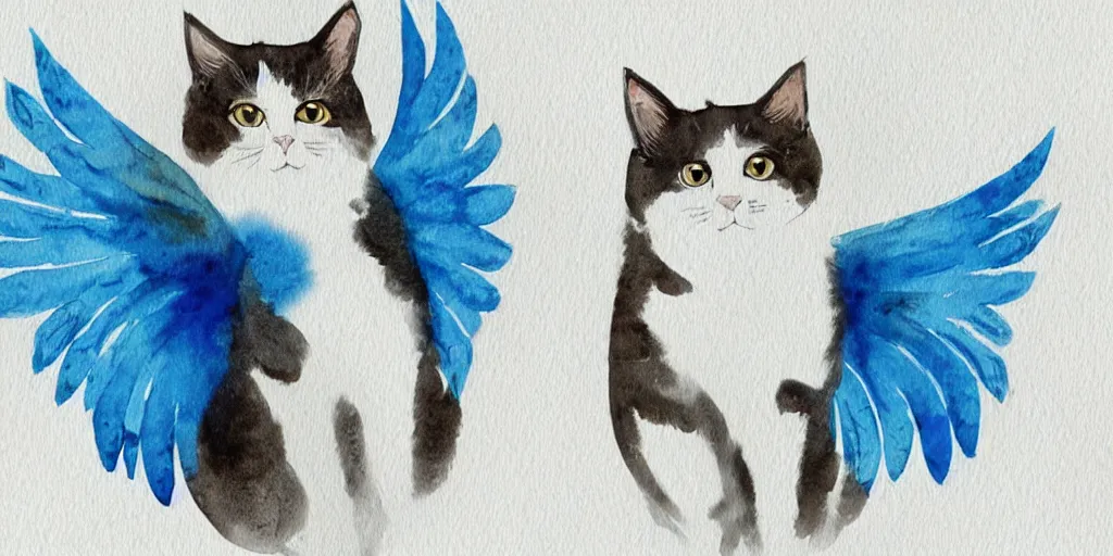 Image similar to watercolor illustration style, cute cats with blue wings