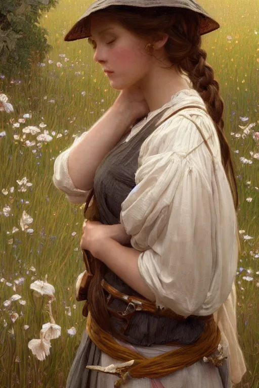 Image similar to beautiful cottagecore young peasant maiden, innocent, intricate, elegant, highly detailed, digital painting, artstation, concept art, smooth, sharp focus, illustration, art by artgerm and greg rutkowski and alphonse mucha