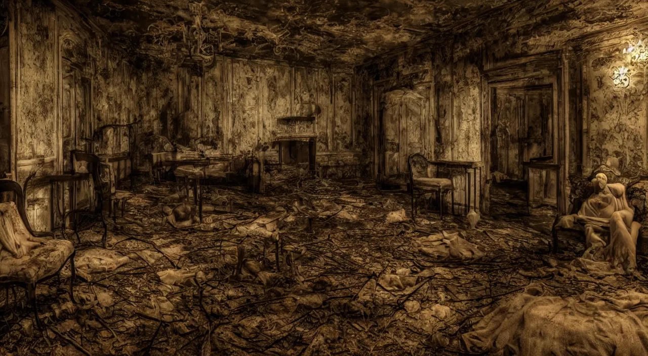 Prompt: creepy characters in a scary room in an abandoned hotel positioned in an old dark forest, night, realistic