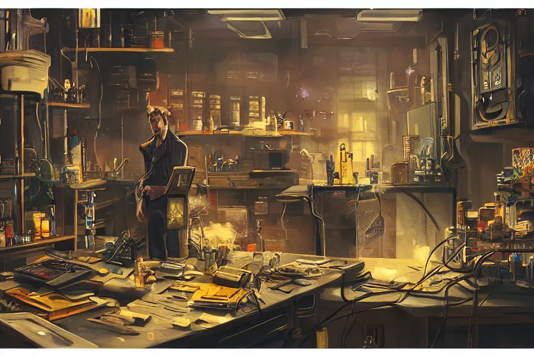 Image similar to cinematic cyberpunk mage in his lab by Michael Bay