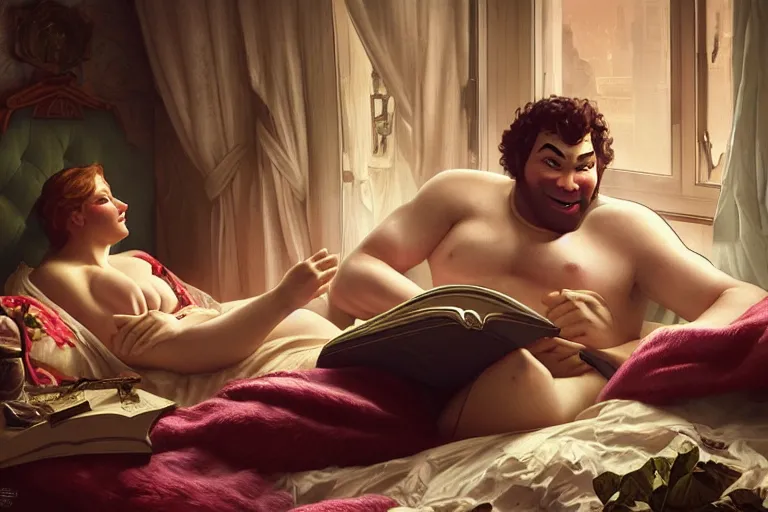 Image similar to russian poet alexander pushkin and shrek together in bed, portrait, highly detailed, digital painting, artstation, concept art, smooth, sharp focus, illustration, cinematic lighting, art by artgerm and greg rutkowski and alphonse mucha