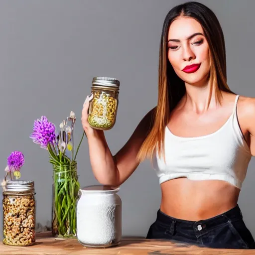 Image similar to extremely beautiful instagram influencer, young woman, desperate to sell her health coaching to an audience, visibly frustrated, snake oil in a jar on a table