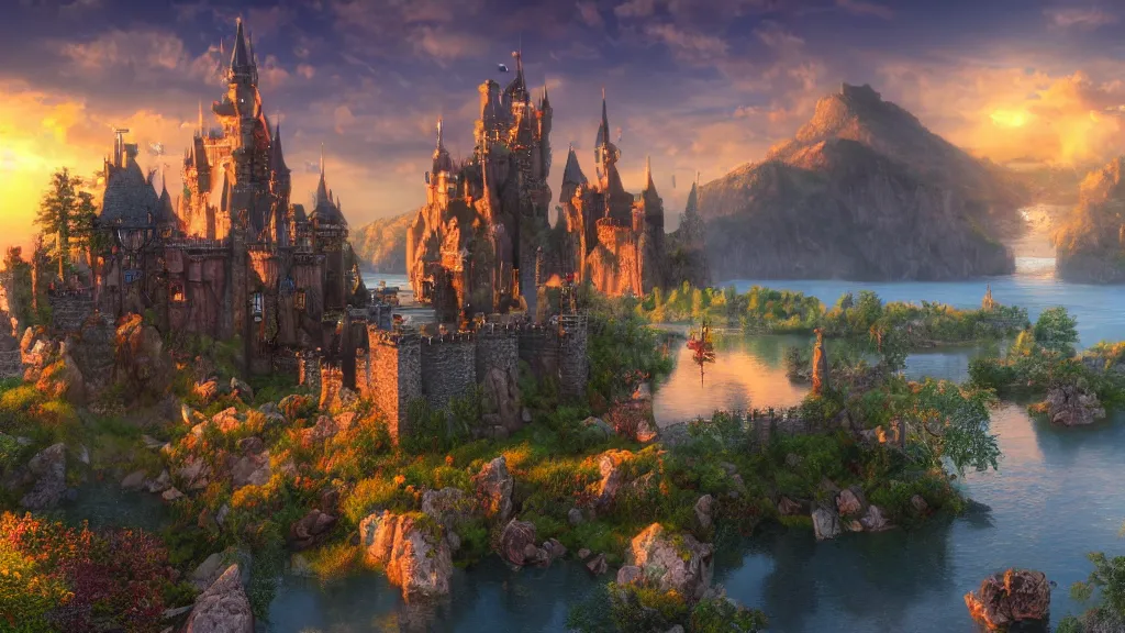 Image similar to fantasy castle with lake in sunset, fantasy artwork, very very very beautiful scenery, hd, hdr, ue5, ue6, unreal engine 5, cinematic 4k wallpaper, 8k, ultra detailed, high resolution, artstation, award winning