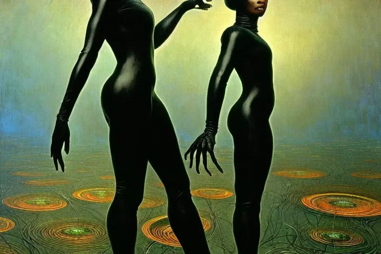 Image similar to realistic detailed portrait movie shot of a beautiful black woman in a transparent sheer suit raincoat dancing with a giant spider, futuristic sci fi landscape background by denis villeneuve, jean delville, monia merlo, ernst haeckel, alphonse mucha, max ernst, caravaggio, roger dean, sci fi necklace, masterpiece, dreamy, rich moody colours