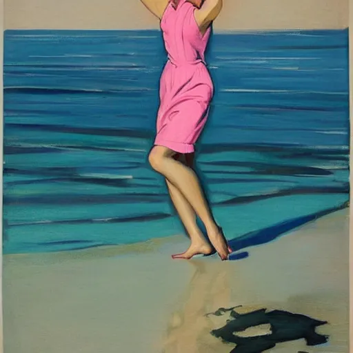 Prompt: woman in black dress in the middle of the beach, pink ocean, leyendecker style