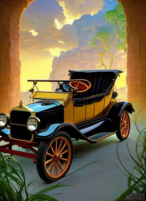 Image similar to model t ford, natural lighting, path traced, highly detailed, high quality, digital painting, by don bluth and ross tran and studio ghibli and alphonse mucha, artgerm