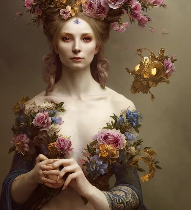 Prompt: baroque portrait of a icelandic princess of porceline skin, full body floral tattoos, cinematic lighting, photorealistic, octane render, 8 k, depth of field, art by artgerm and greg rutkowski and alphonse mucha and uang guangjian