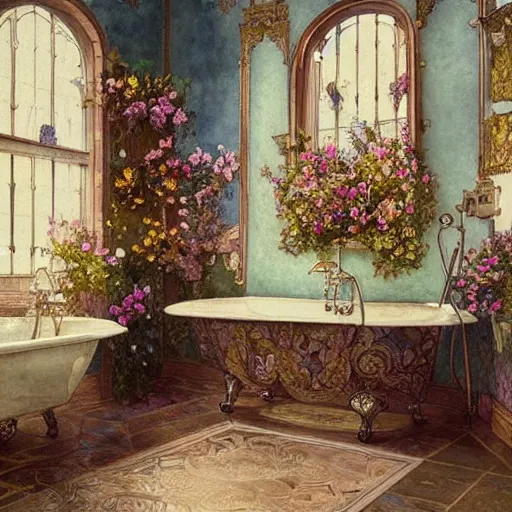 Prompt: a beautifull intricate watercolour painting of a victorian bathroom with many flowers, reflexions, verry high details by william turner art, greg rutkowski and alphonse mucha, trending on artstation, very very detailed, masterpiece, - n 9