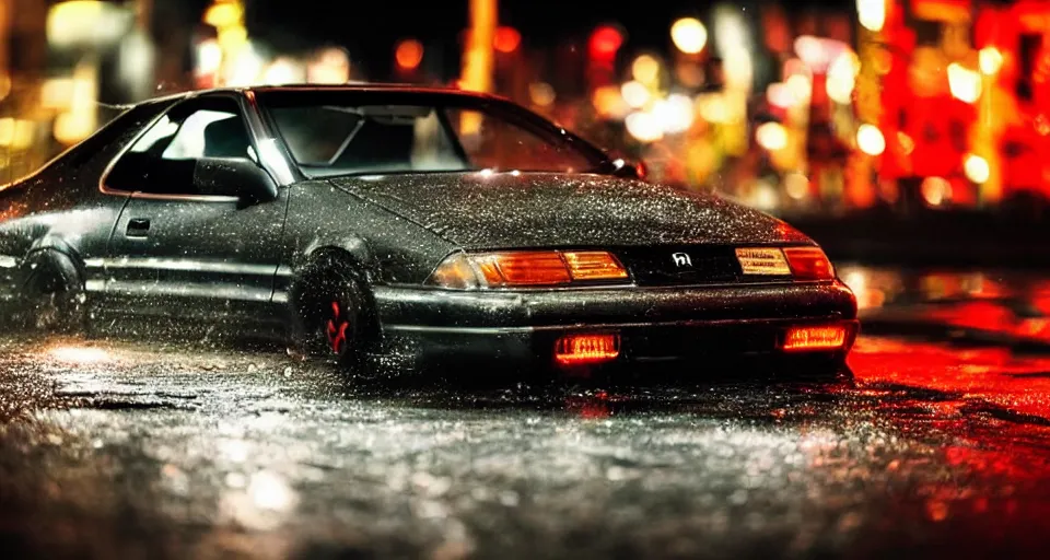 Prompt: close up macro shot of a honda prelude car on wet city street at night intricate hyper detailed smooth high contrast neon volumetric li