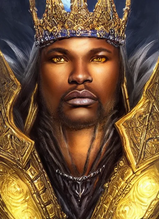 Prompt: black human king wearing a crown, gold, ultra detailed fantasy, dndbeyond, bright, colourful, realistic, dnd character portrait, full body, pathfinder, pinterest, art by ralph horsley, dnd, rpg, lotr game design fanart by concept art, behance hd, artstation, deviantart, hdr render in unreal engine 5