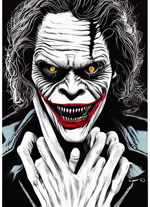 Image similar to willem dafoe as the joker, grotesque, horror, high details, intricate details, by vincent di fate, artgerm julie bell beeple, 1 9 8 0 s, inking, vintage 8 0 s print, screen print