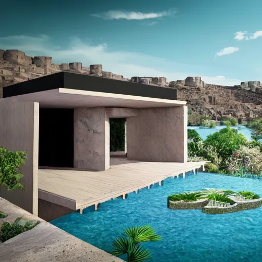Prompt: architectural rendering of habitat 6 7 in the desert, biophilia style, pool, garden