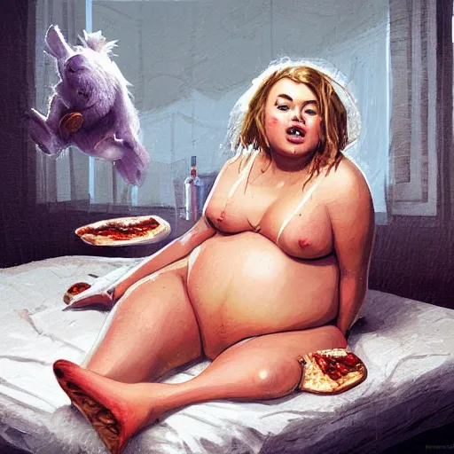 Image similar to a very fat margot robbie sitting in a messy room and burping because she ate too much pizza and junk food, fantasy art, illustration, amazing detail, in the style of greg rutkowski, artgerm, cgsociety