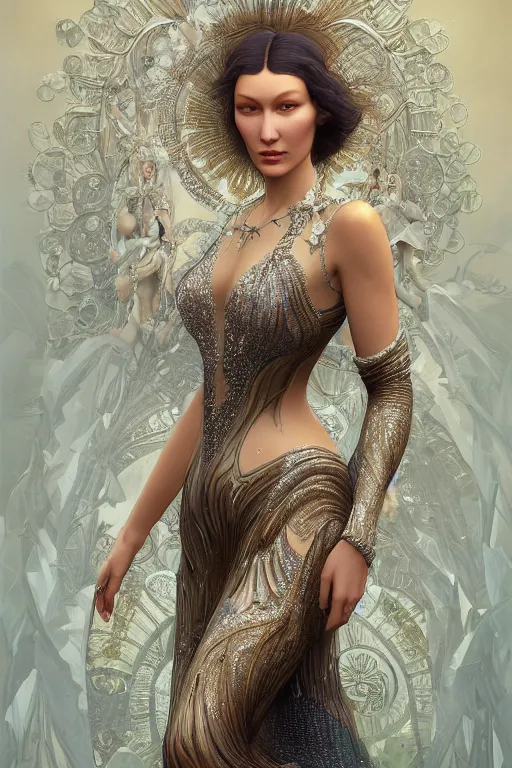 Image similar to a highly detailed portrait of a beautiful goddess bella hadid in iris van herpen dress in diamonds and fractals in style of alphonse mucha art nuvo gustav klimt trending on artstation made in unreal engine 4